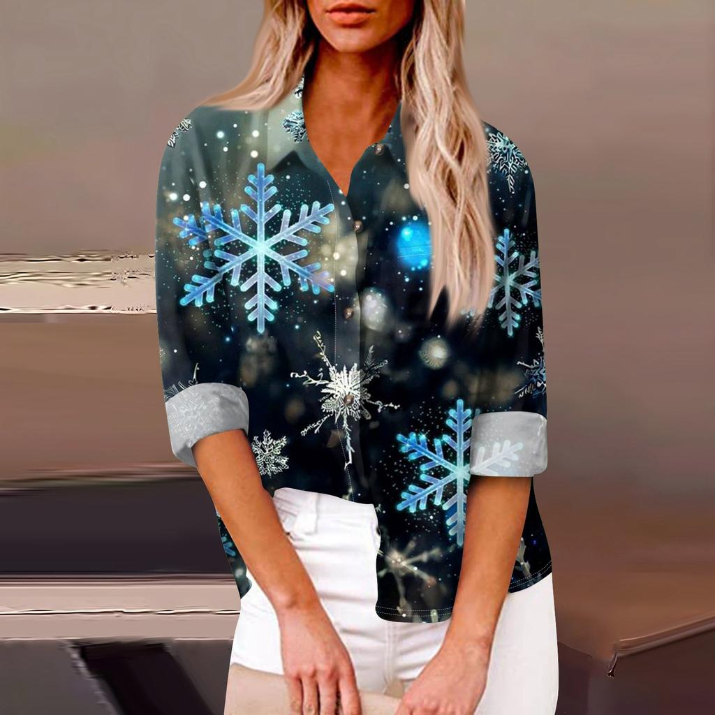 Женская свободная повседневная рубашка с длинными рукавами и рождественским принтом, кардиган с принтом и карманами