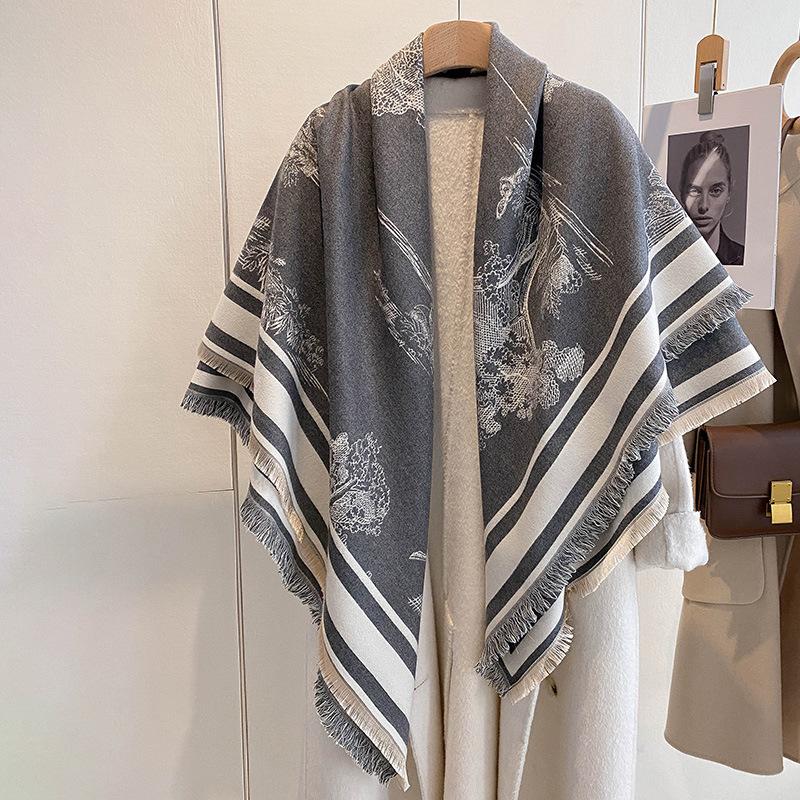 Double-Sided Landscape Painting Large Square Scarf Plant Flower And Bird Thickened Warm Scarf Air-Conditioned Room Neck Protection Shawl