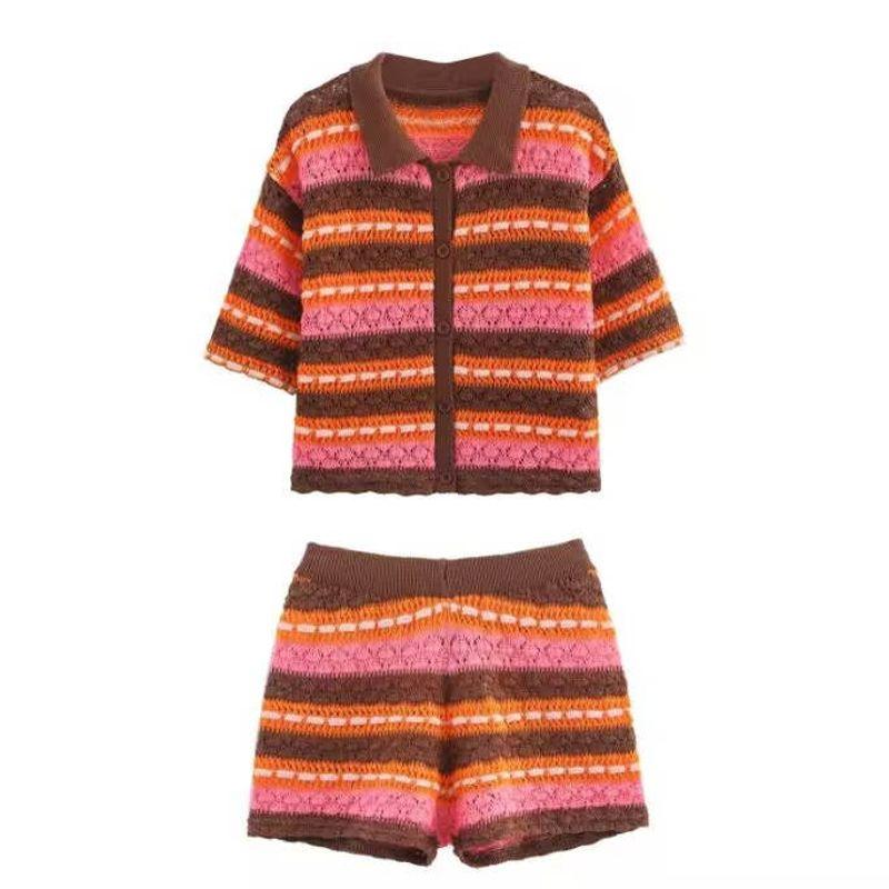 Araltay New Arrival Fashion Style Women's Fashion All-Match Minimalist Stripes Polo Shirt Knitting Coat Shorts