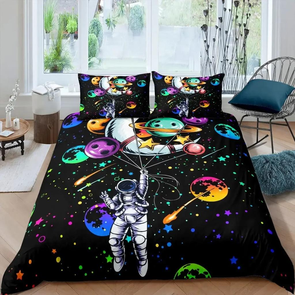 Astronaut Duvet Cover Set Astronaut Playing Guitar Bedding Set Teen Boys Kids Galaxy Stars Outer Space Polyester Comforter Cover