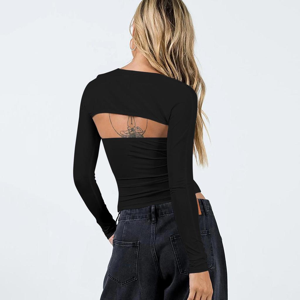 Женские летние топы без рукавов, уличная одежда, тонкие облегающие футболки с длинными рукавами из двух предметов, укороченные топы, однотонные