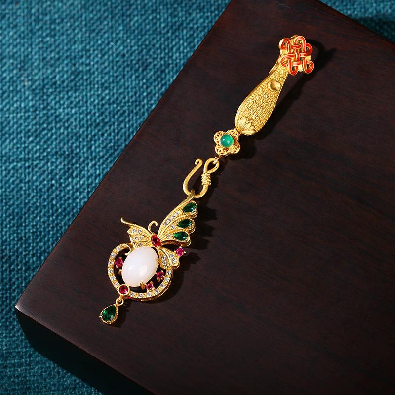 Chinese retro cheongsam press placket pendant colorful treasure butterfly gold long fringed pendant classical Chinese style accessories women