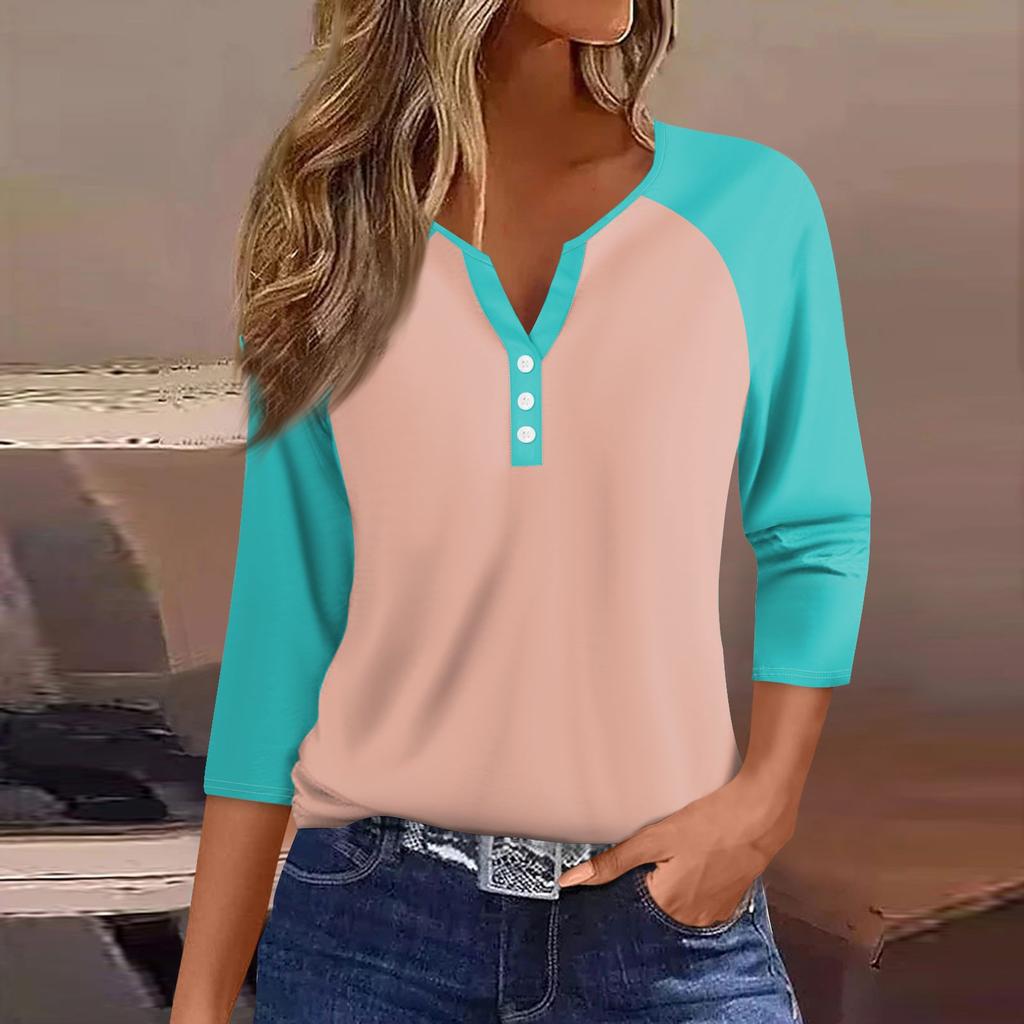 Жен. Футболка Футболка с принтом Пуговицы Рукав 3/4 Рукав реглан Повседневные Выходные Мода Классический V-образный вырез Обычный Топ