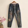 Spring Autumn Women Embroidery Retro Denim Jeans High Waist Nine Points Cowboy Trousers Denim Harlan Pants