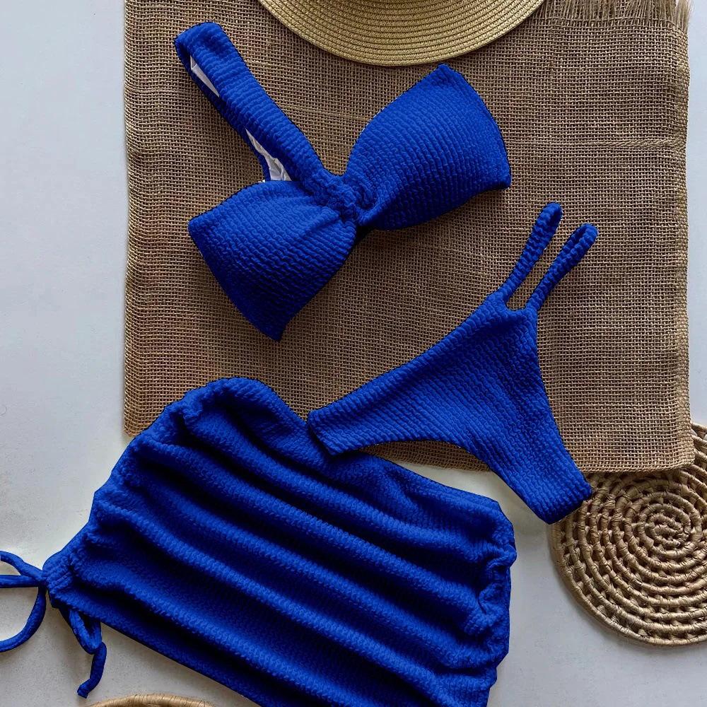 Европейский и американский купальник бикини на одно плечо: Раздельный купальник из трех частей с мини-юбкой 2025