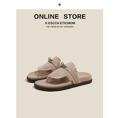 Кожаный замок толстая подошва повседневные шлепанцы с носком женская верхняя одежда 2025 лето новый универсальный плоская подошва крутые тапочки женские