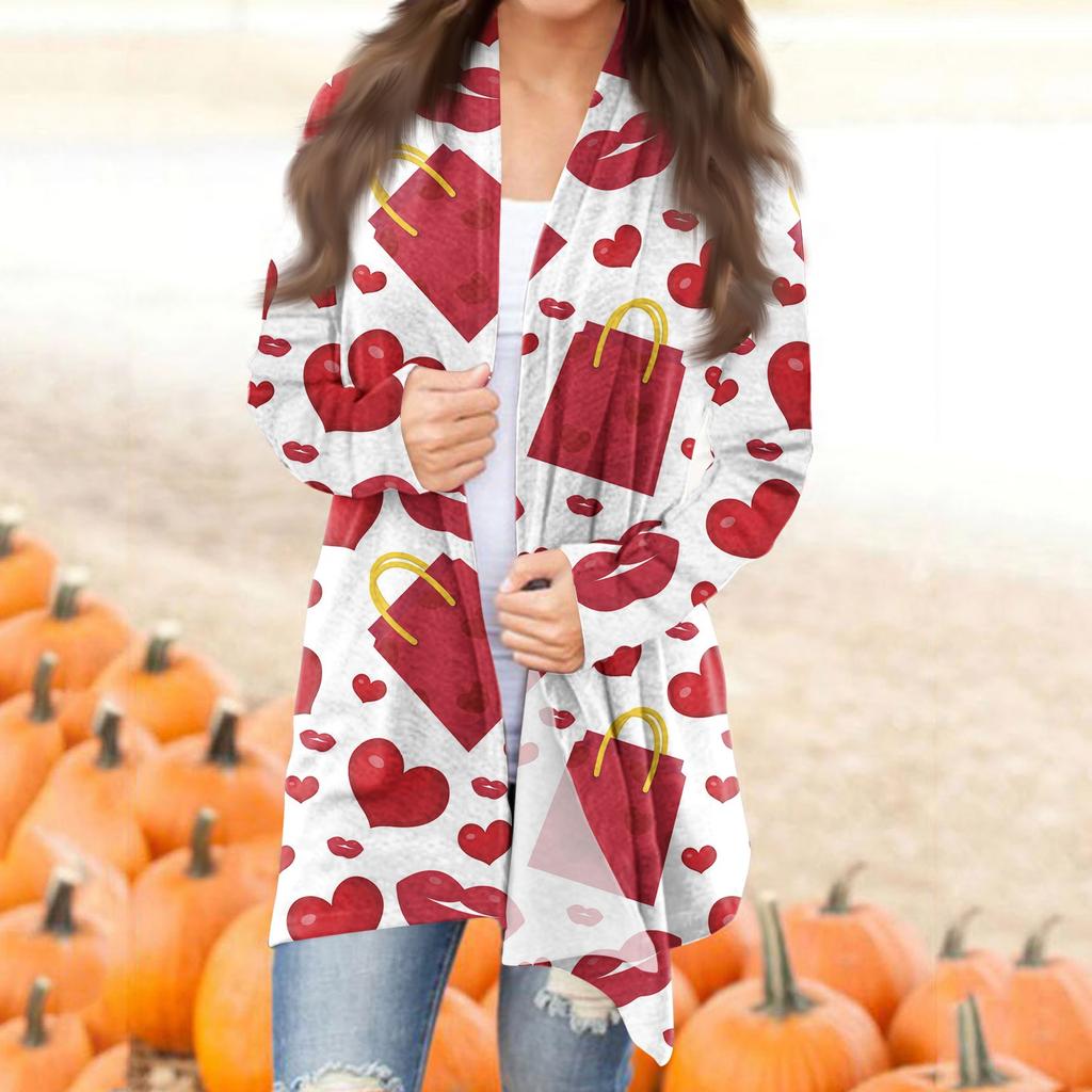 Женский повседневный кардиган с длинными рукавами и принтом ко Дню святого Валентина без карманов, верхнее пальто