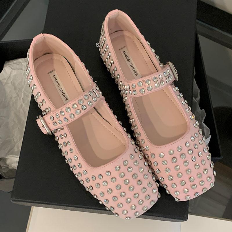 Мода Новая Мода Ремешок с Пряжкой Сетка Женские Мэри Джейн Хрустальные Туфли 2025 Роскошная Женская Обувь с Неглубоким Вырезом Женские Балетки с Обувью