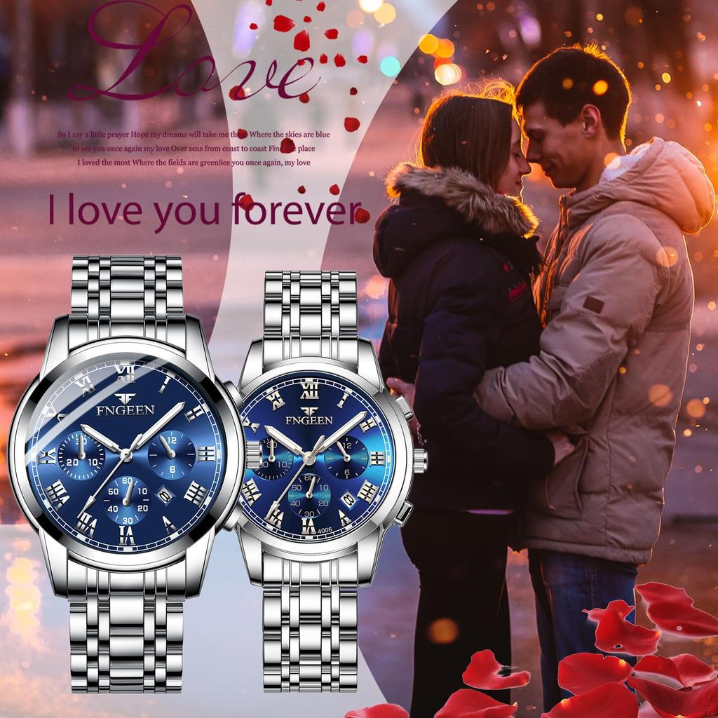 Пара часов Пара часов Пара часов Нержавеющая сталь 3ATM Вода Бриллиант Светящийся Аналоговый Дисплей Календарь Стильные Кварцевые Часы Серебристо-Синий Модные Аксессуары