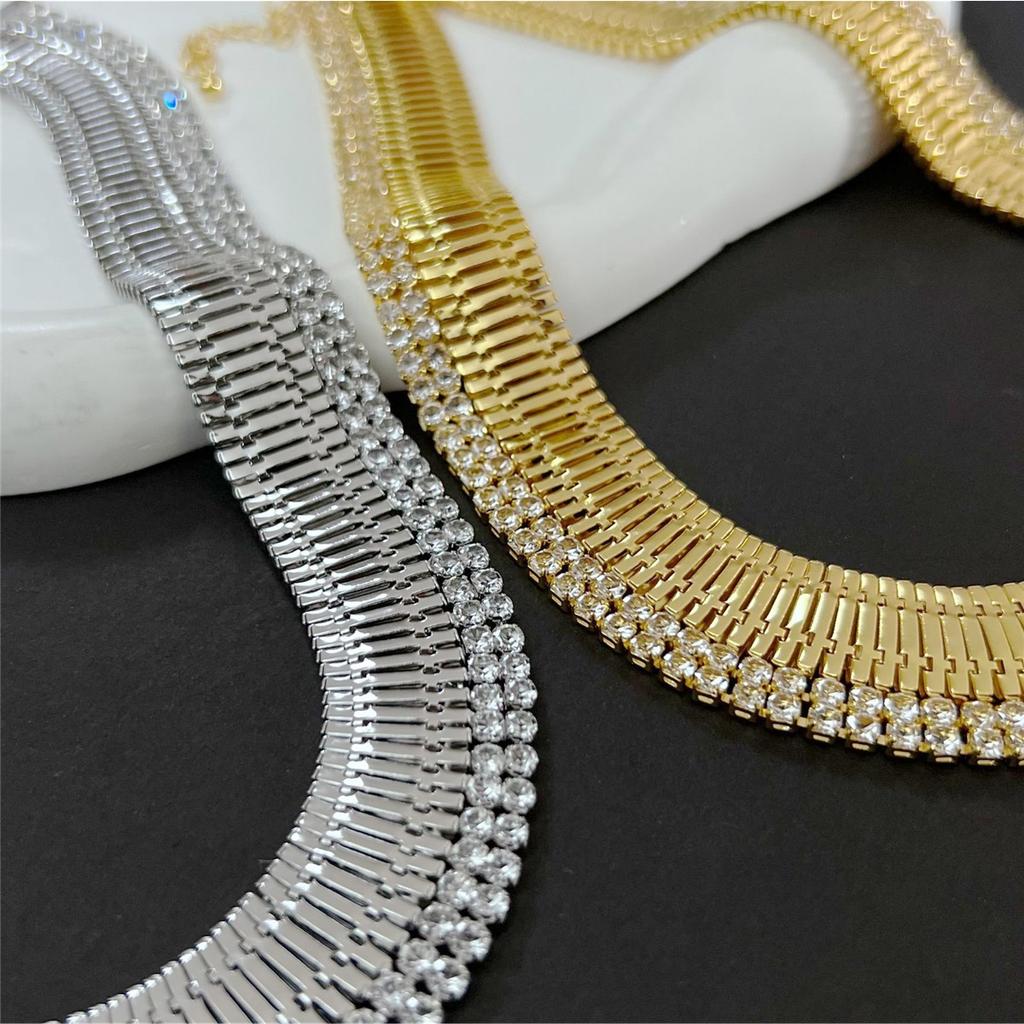 Tooxika Exaggerated Personality Wide Version Of The Strap Chain With Diamonds Necklace Light Luxury Temperament Choker Collarbone Chain Necklace