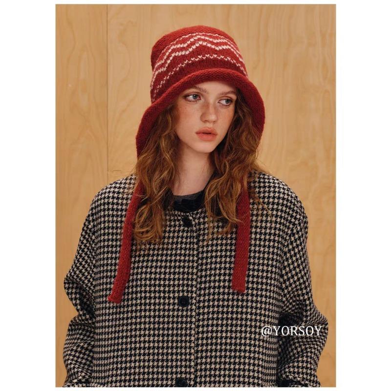Women Red Fair Isle Knit Hat Warm Earmuff Travel Large Head Size Hat