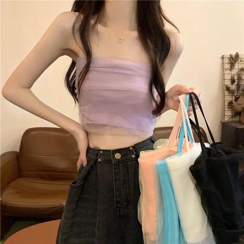 Белая сетчатая майка на подтяжках для женщин, летняя, короткая, облегающая, без бретелек