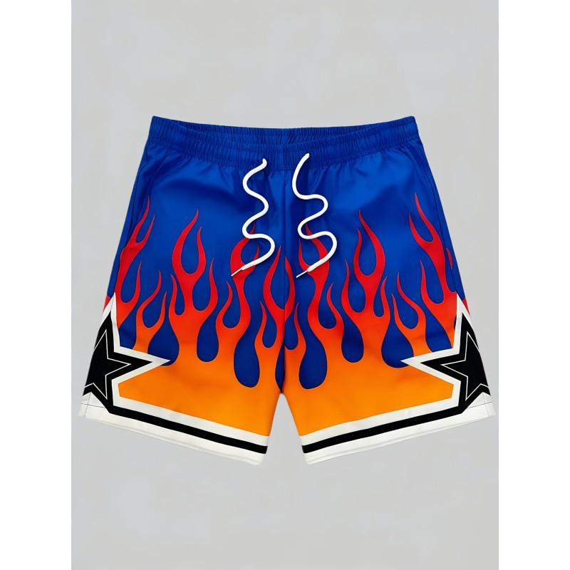 Mens Flame Print Shorts Loose Straight Fit Quick Dry Casual Streetwear
