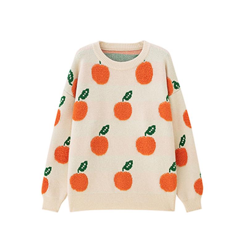 Женский вязаный свитер с фруктовым жаккардом: Осень/Зима Корейский свободный пуловер кардиган