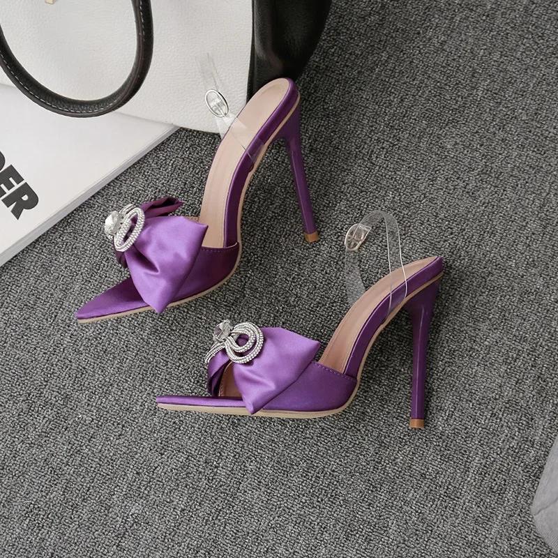 Fashion 35-42 Sexy Silk Pointed Rhinestone Butterfly-knot Thin High Heel Sandals PVC Band Ankle Buckle Banquet Wedding Shoes for Women