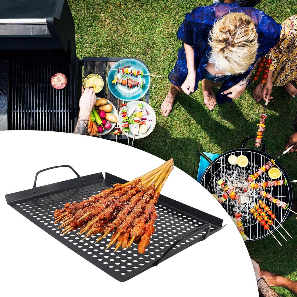 Barbecue Grill Plate Frying Pan with Handles Pizza Tray Easily Clean Basket Bakeware for Beach