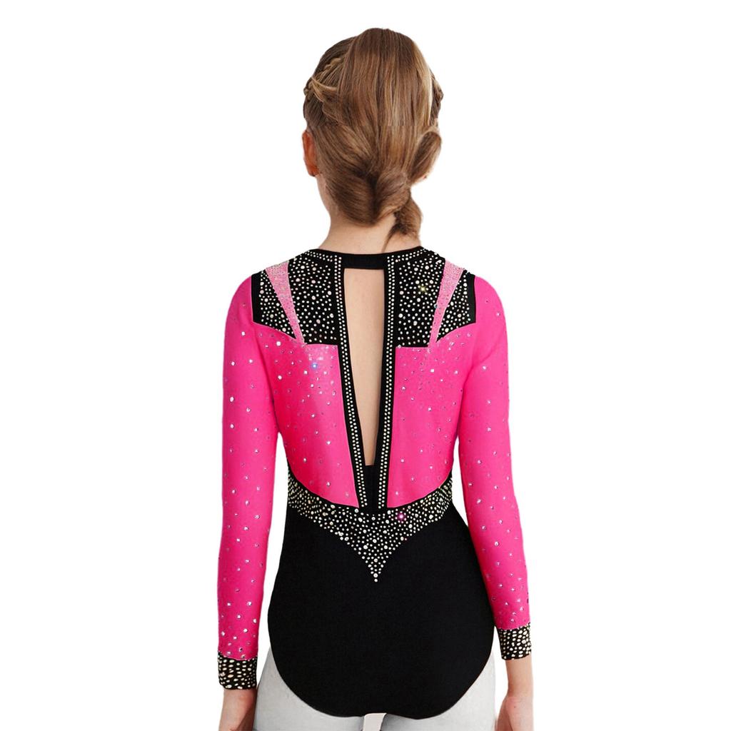 Гимнастический купальник для девочек с длинным рукавом, с вырезом-капелькой на спине, блестящими стразами, одежда для фигурного катания и танцев