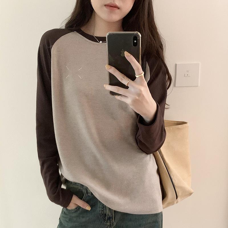 American Retro Raglan Long-sleeved Round Neck Color-blocked T-shirt Women's Autumn and Winter New Loose Ins Style Versatile Top