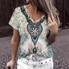 Spring Summer Loose V-neck Short Sleeved T-shirt for Women with Retro Print Shirt