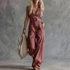 Summer Women Jumpsuit V Neck Sleeveless Front Button Casual Loose Wide Leg Pants Ladies Long Romper Overall with Dual