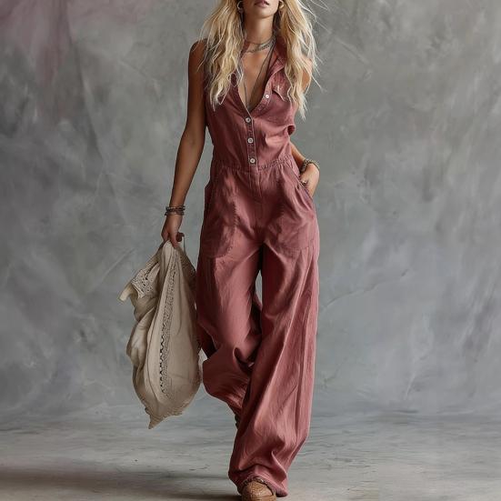 Summer Women Jumpsuit V Neck Sleeveless Front Button Casual Loose Wide Leg Pants Ladies Long Romper Overall with Dual