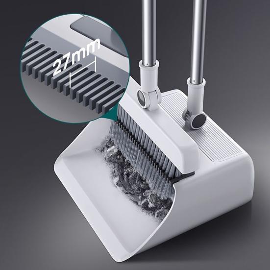 Broom with Dustpan Combo Set 3-in-1 Cleaning Tool Adjustable Long Handle Self-Cleaning Dustpan Teeth Indoor Outdoor Push Broom Dustpan Set