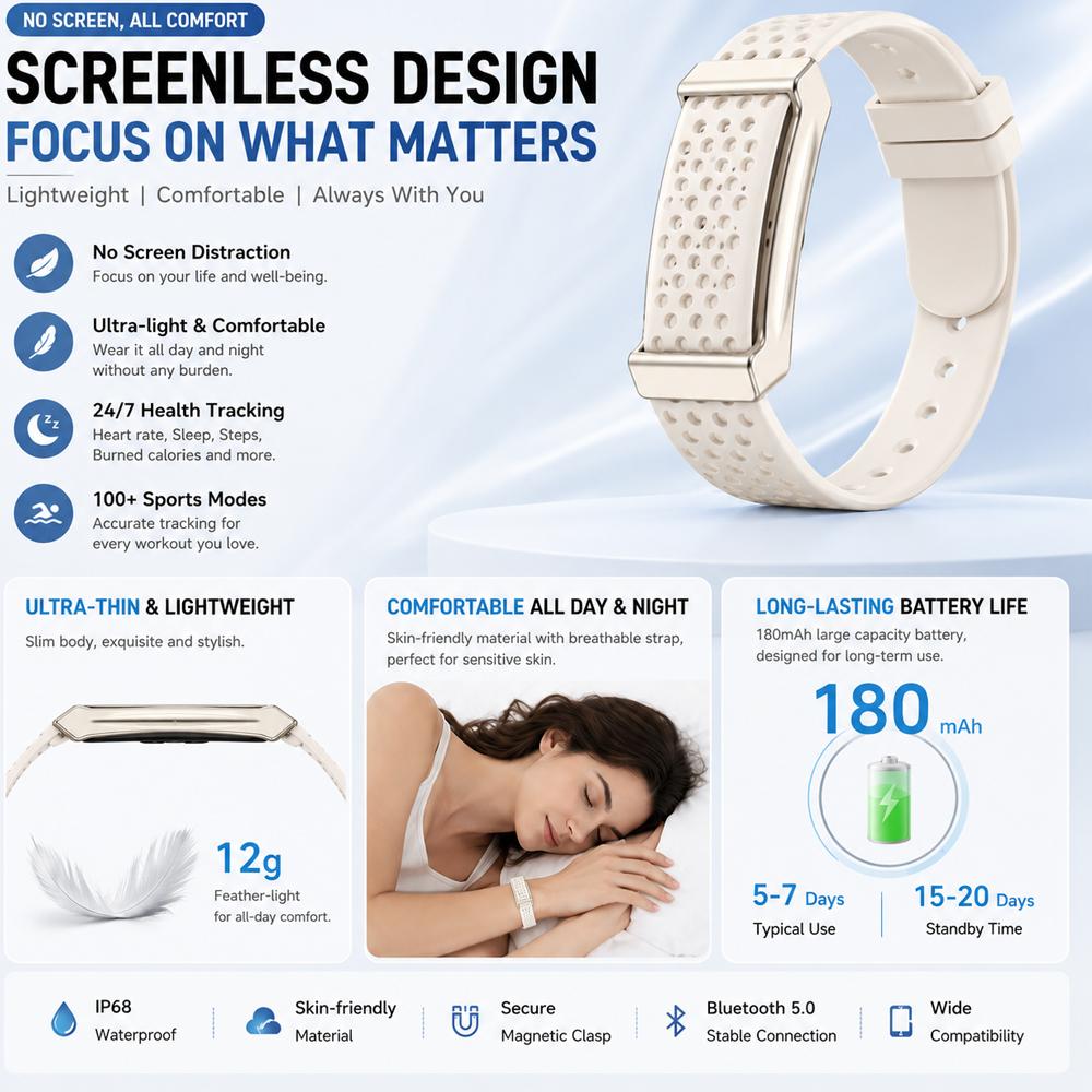 2026New Screenless Design Smart Bracelet Men Heart Rate Blood Pressure Sports Mode SleepSlim Light Design Smartwatch Women 2
