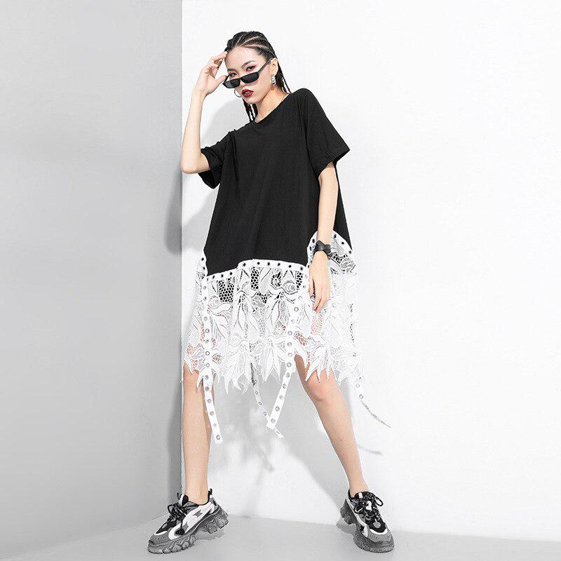 Летняя Новая Уличная Одежда Длинное Кружево Свободная Женская Футболка Топы 2020 Круглый Вырез Пэчворк Необычная Женская Футболка с Коротким Рукавом