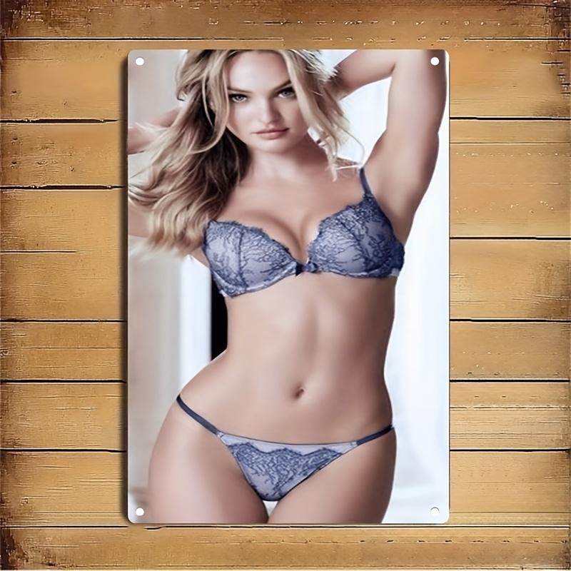 High Definition Tin Metal Sign Wall Art Elegant Brunette Woman with Curly Hair in Black Lace Trimmed Camisole and Matching