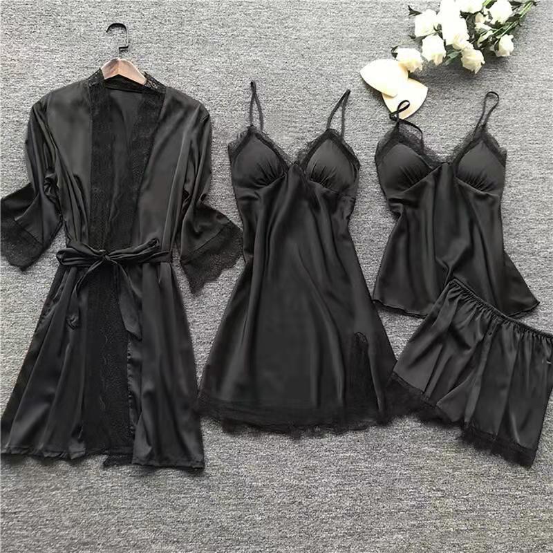 Women Cami Shorts Nightgowns Pyamas Set of Satin Fabric Breathable Pajamas Set with Robes 5 PCS Pajamas Set Sleepwear Lounge Wear Nightgowns