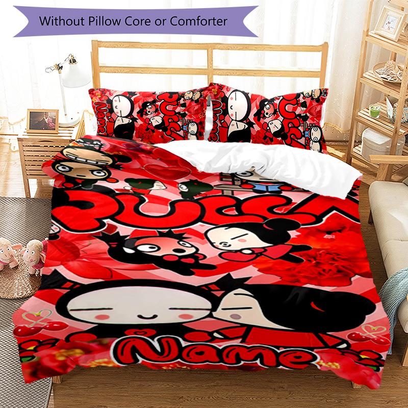 3pcs Custom Name Pucca Bedding Set Duvet Cover Closure Includes 1 Duvet Cover & 2 Pillowcases for All Seasons Bedroom Decor