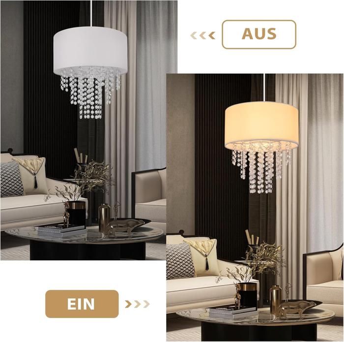 Lampe suspendue - NETTLIFE - E27 cristal et tissu - 32x32x192 cm - Blanc - Scandinave
