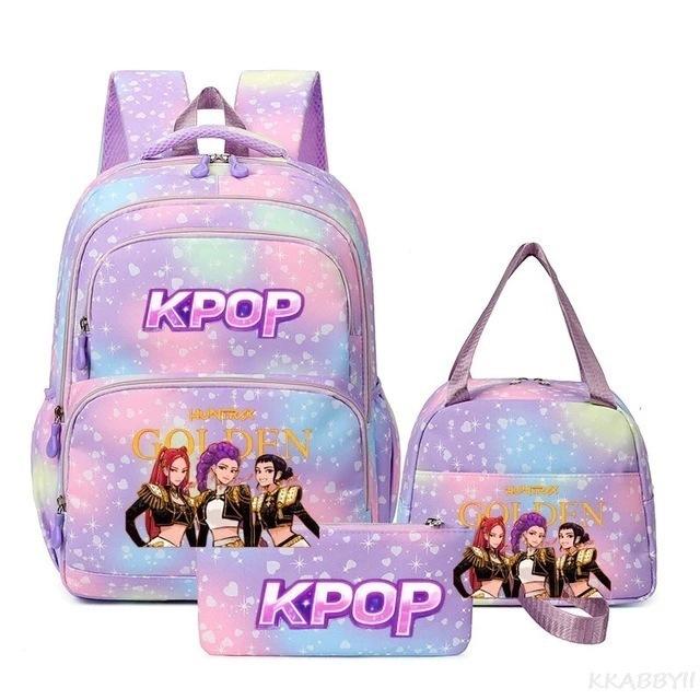Трехкомпонентный набор K-pop Девушка-Охотник на Демонов Цветной Школьный Рюкзак Сумка для Ланча Пенал Подарочная Коробка