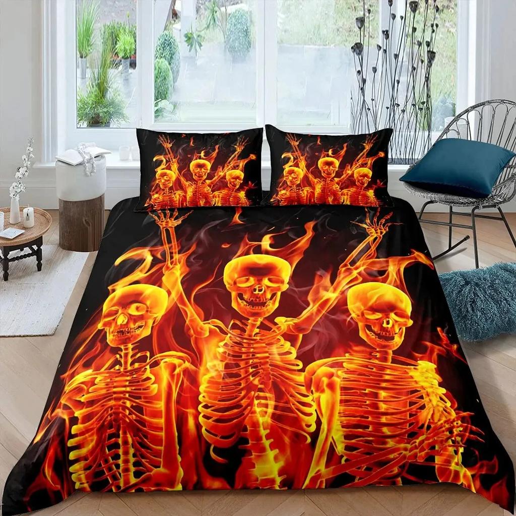 Black Blue Flame Skull Duvet Cover Set Full Size 3D Skeleton Bones Bedding Set Gothic Comforter Cover Horror Skull Quilt Cover