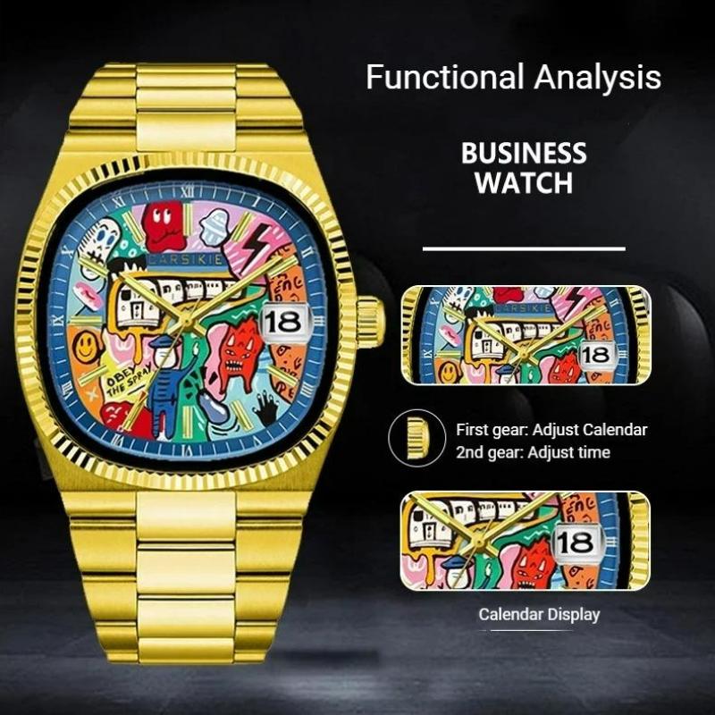 Luxury Comic Cartoon Dial Square Quartz Men's Watch Casual Calendar Stainless Steel Waterproof Sport Men Watches Clock