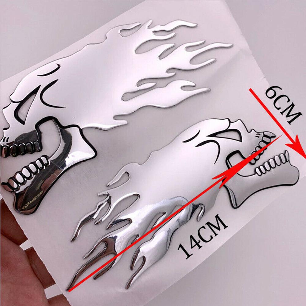 Motorbike Motorcycle Tank Car Sliver Flaming Skull 3D Gel Sticker Decal L/R Pair