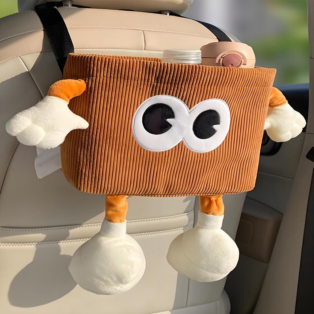 Cute Animal Car Trash Can, 2-Function Hanging Organizer with Tissue Dispenser - Plush Seat Back Storage Bag
