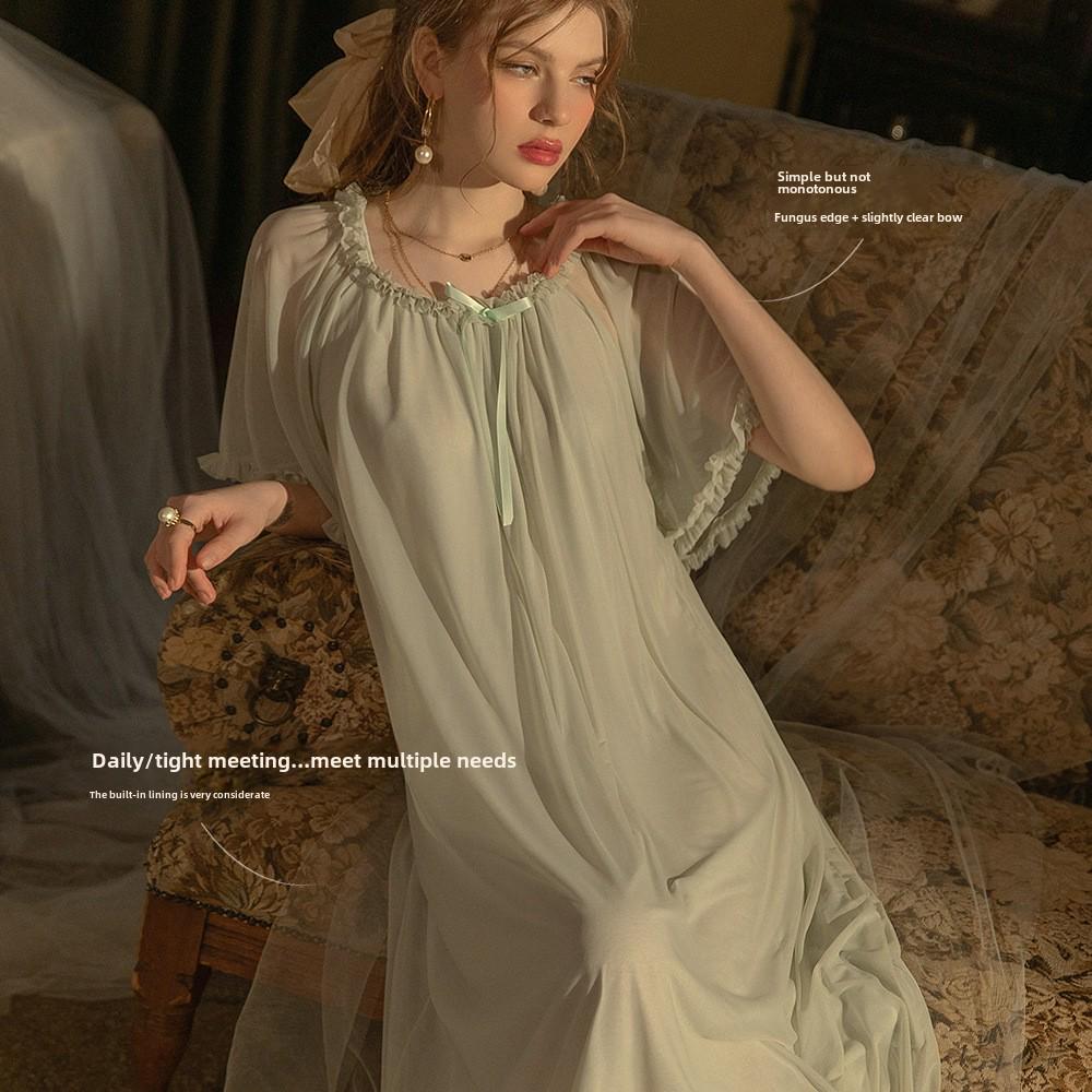 Ультратонкая кружевная сетчатая ночная рубашка - стиль феи, рукав средней длины, свободный крой, большой размер, сексуальная летняя пижама для беременных женщин