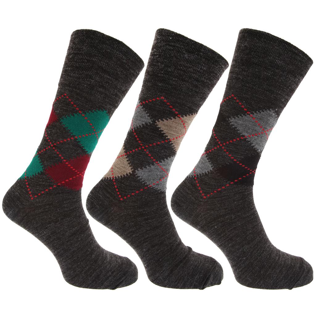 Mens Traditional Argyle Pattern Non Elastic Lambs Wool Blend Socks (Pack Of 3)