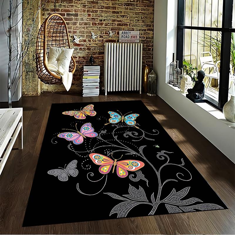 Colorful Butterfly Print Carpet with Black Background and Floral Design Suitable for use as an anti-slip for living room bedroom sofas
