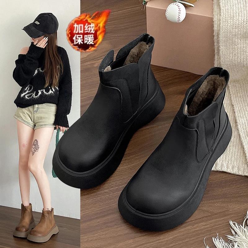 2025 Winter New Women Short Plush Warm Snow Boots Casual Shoes Suede Fur Chelsea Ankle Boots Flats Platform Ladies Shoes Botas