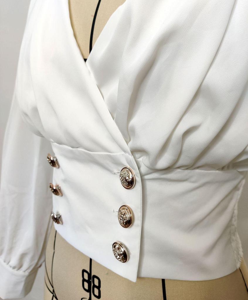 Женская сексуальная рубашка с V-образным вырезом, длинными рукавами-буфами, однотонная, короткая