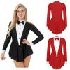 Womens Contrast Color Tuxedo Waitress Costume Bowknot Button Long Sleeve Ruffle Dress Role Play Outfit