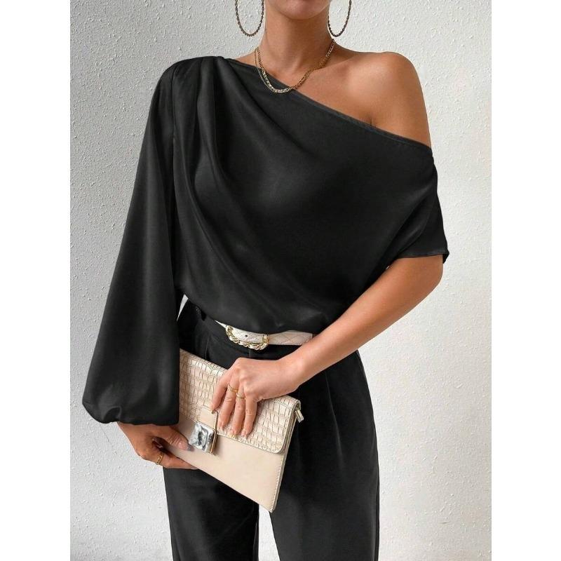 Женская рубашка с косыми плечами и длинными рукавами, однотонная, сексуальная, с открытыми плечами, свободная, темпераментная, атласные блузки и рубашки