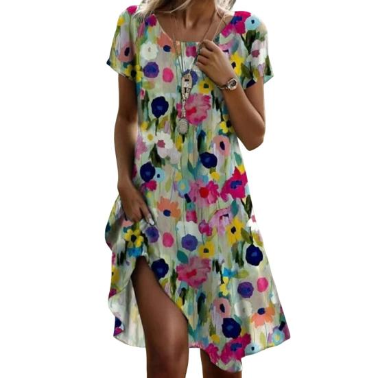 Женское летнее платье с цветочным принтом, повседневное платье миди с коротким рукавом и круглым вырезом, свободное платье-сарафан в стиле бохо для пляжного отдыха