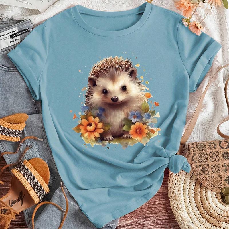 Модная женская футболка с милым животным ежиком и цветочным принтом, забавная повседневная футболка с круглым вырезом и короткими рукавами, летняя женская футболка