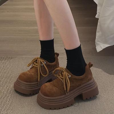 Европейская матовая кожа, туфли-оксфорды на шнуровке с крупным носком, женские весенне-осенние 2025, новые универсальные лоферы на толстой подошве, увеличивающие рост, на платформе