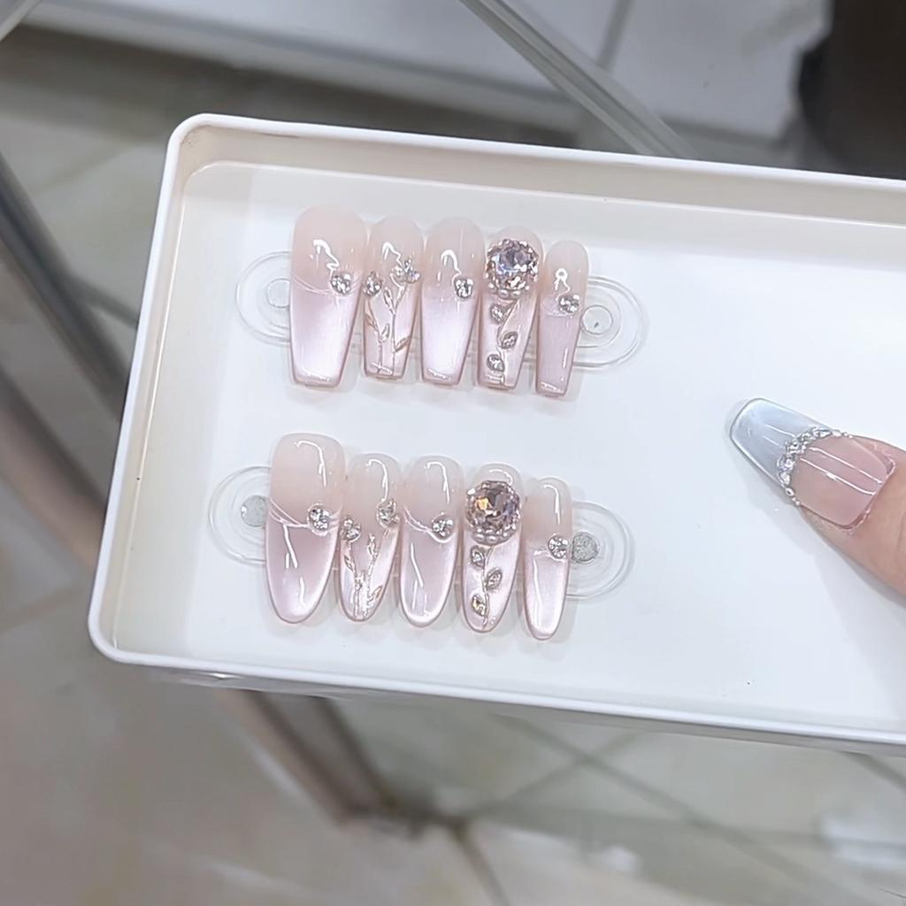 Pure Hand-made Phototherapy Wear Nail Tablets Pink Rose Words Wide Light Cat Eye Hand-painted Three-dimensional Flash Nail Art Patch