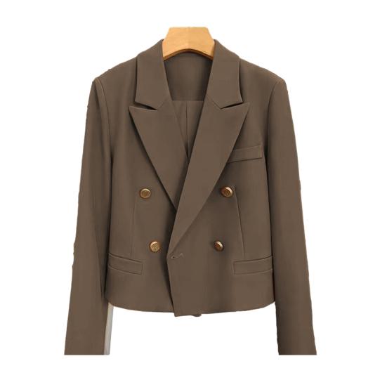 Spring Women Breasted Office Cropped Blazer Lapel Solid Color Long Sleeve Double Jacket Suit Coat