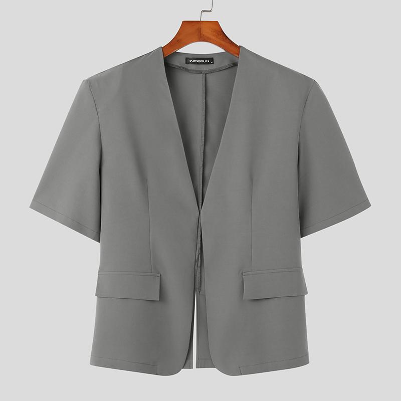 INCERUN Мужской простой пиджак с короткими рукавами без воротника, пиджак